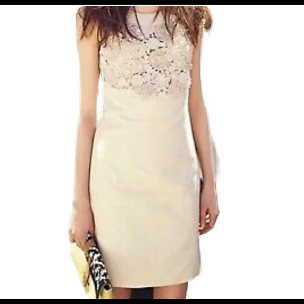 Anthropologie Postage Stamp "Oleander" Applique Openwork Linen Shift Dress